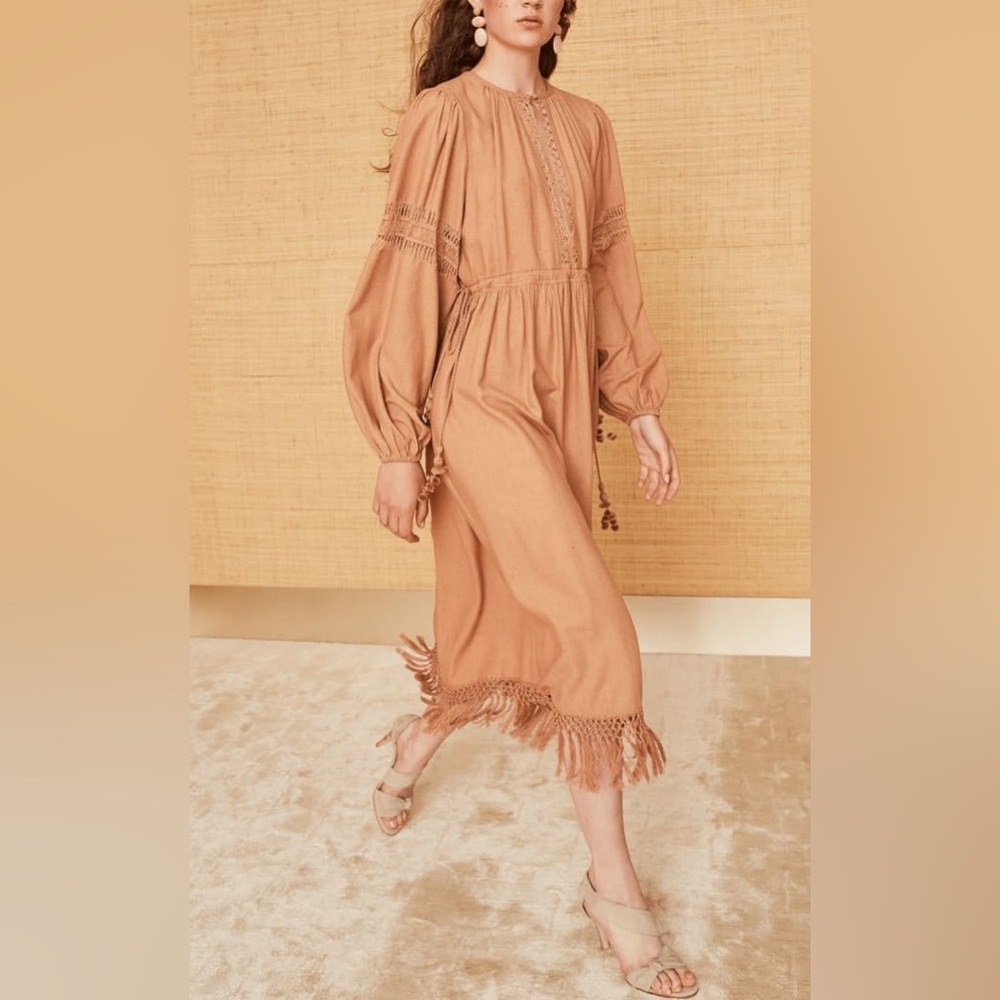 Ulla Johnson Raw Silk Kalea Midi Dress Clay Size 4 Fringe Boho Bohemian Fringe